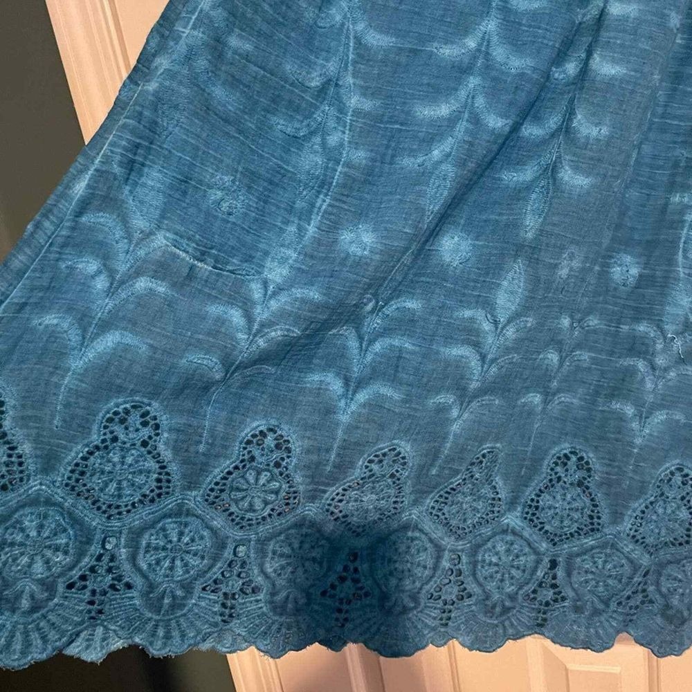 Turquoise Off-Shoulder Eyelet Lace Summer Dress with Ruffle Detail Midi Length - Picture 3 of 7